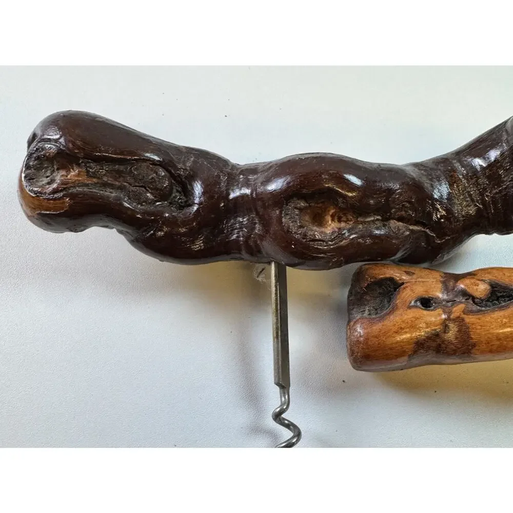 Vintage Driftwood Burl Corkscrew Set MCM Hand Carved Wine Opener - Bar decor